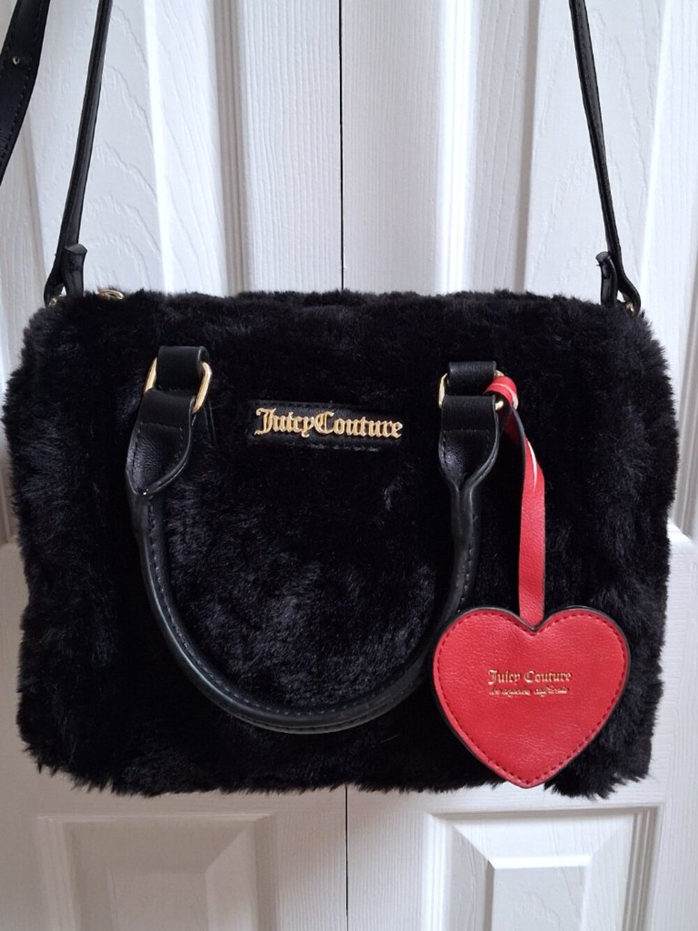 JUICY COUTURE Black Faux Fur with Red Heart Satchel Crossbody Bag